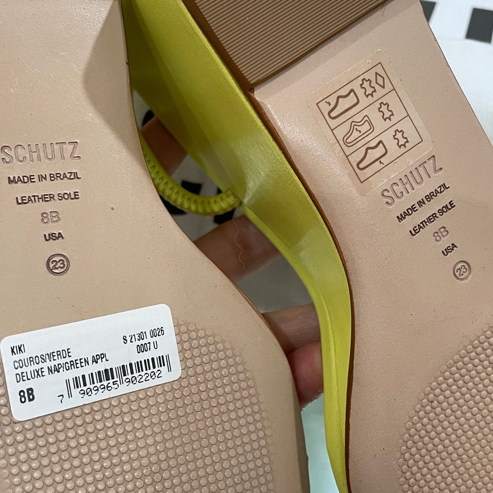 NIB SCHUTZ chartreuse LEATHER strappy wedge sandals lime apple zesty yellow 6.5 - Picture 10 of 16